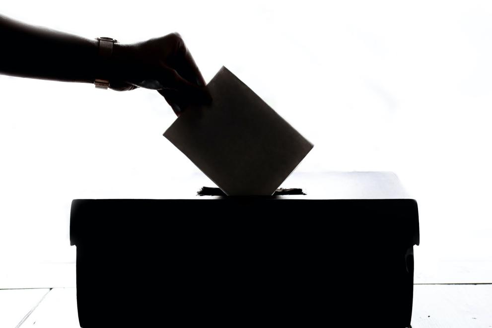 The arm of a person casting a ballot